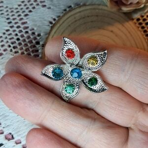 Multi-Color Crystal & Silvertone Flower Brooch
